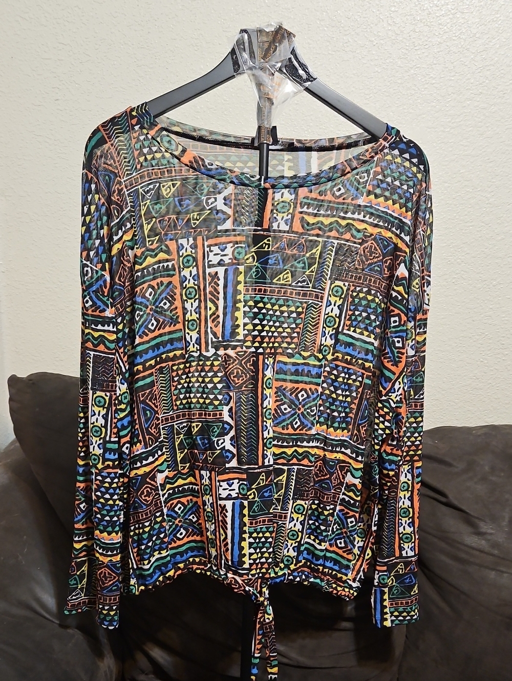 Multicolor Geometric Tie-Hem Long Sleeve Blouse